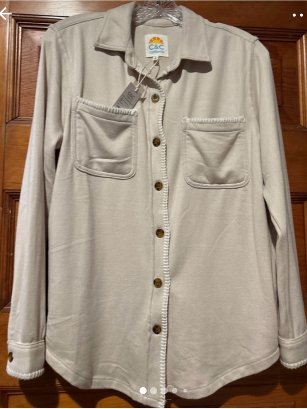C&C California Cream Knit Button-Up with Whipstitch Trim